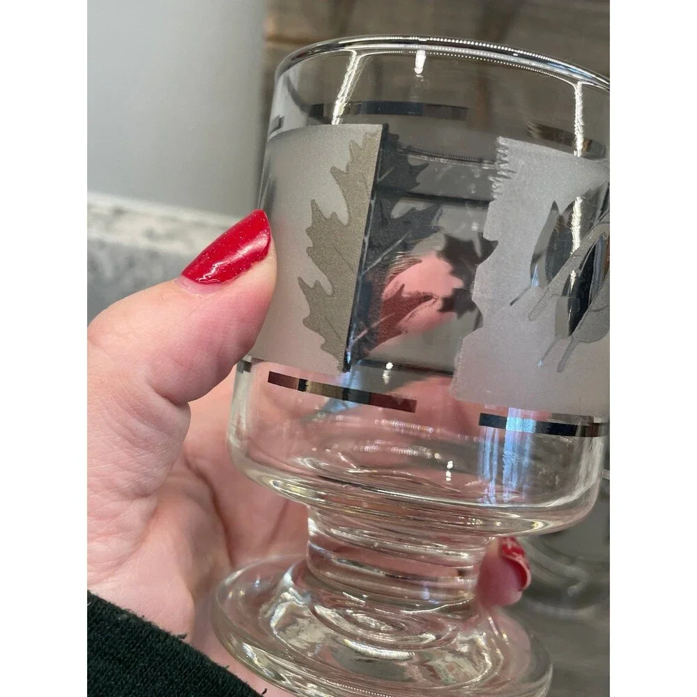 MCM Vintage Frosted Libbey Footed Juice Glasses Silver Leaf Pattern Low-Ball